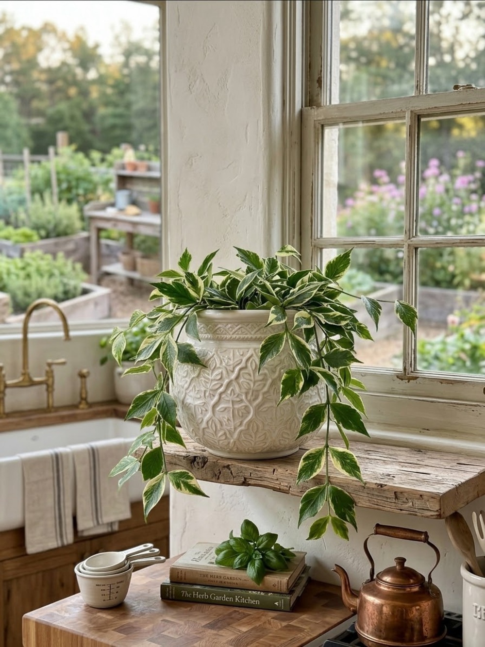 Embossed Ceramic Planter with Drainage Hole, 8 Inch White Boho Flower Pot